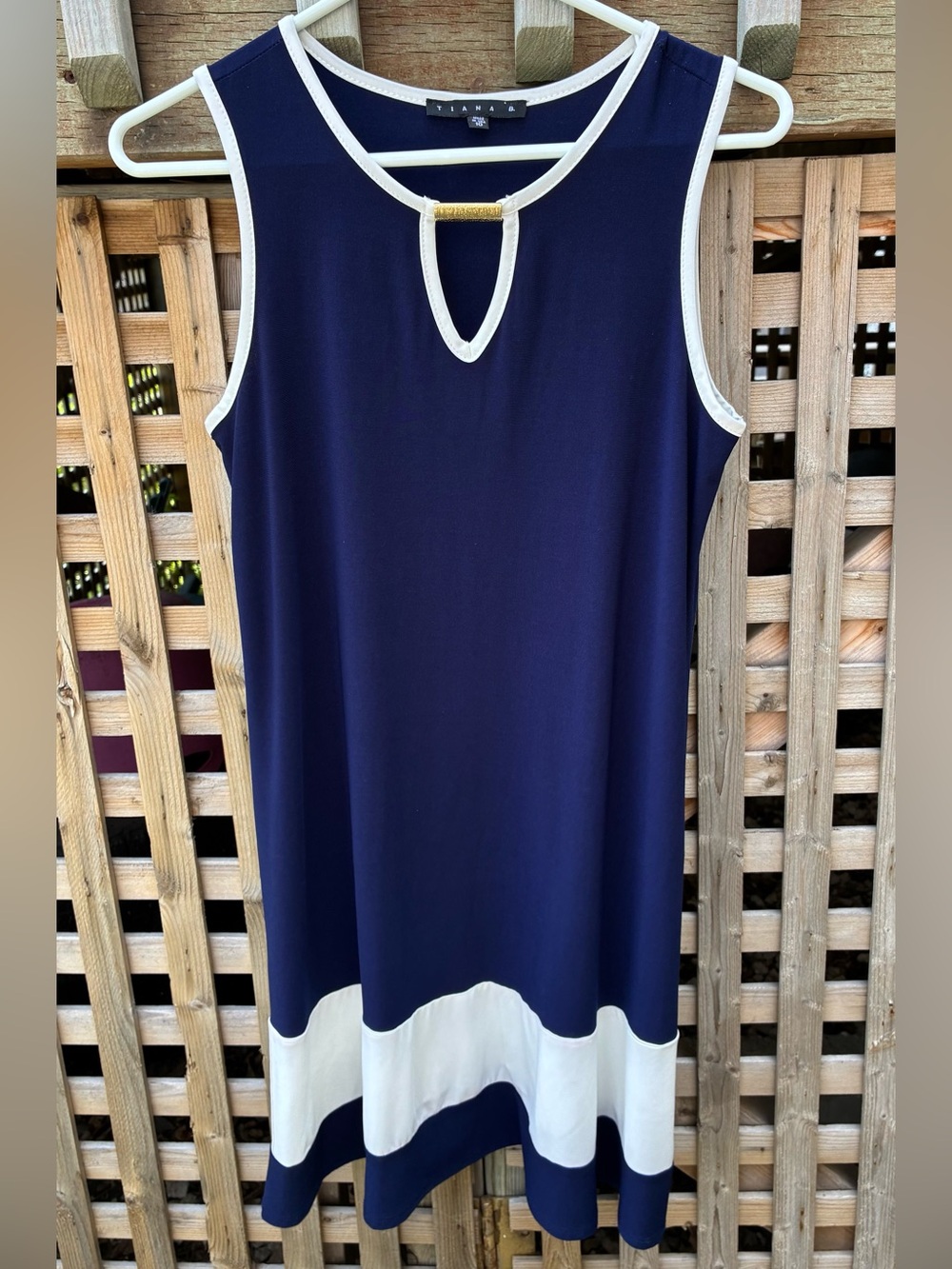 Tiana B. Navy and White Sleeveless Midi Dress with Gold Accent